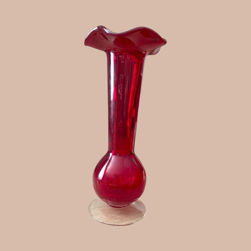 Vintage Ruby Red Glass Bud Vase 8" Ruffled Top Hand Blown Cranberry Style